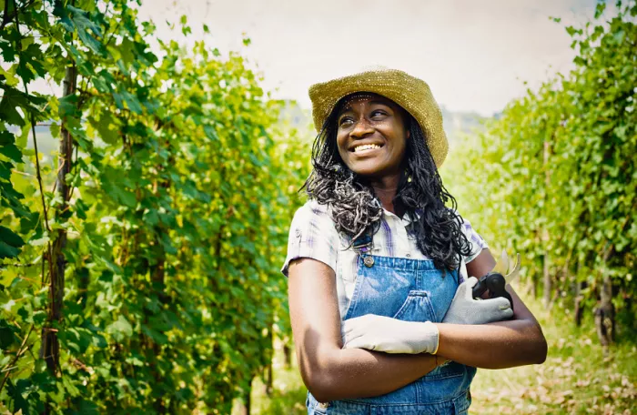 Girl with a hat standing in a field with green crops