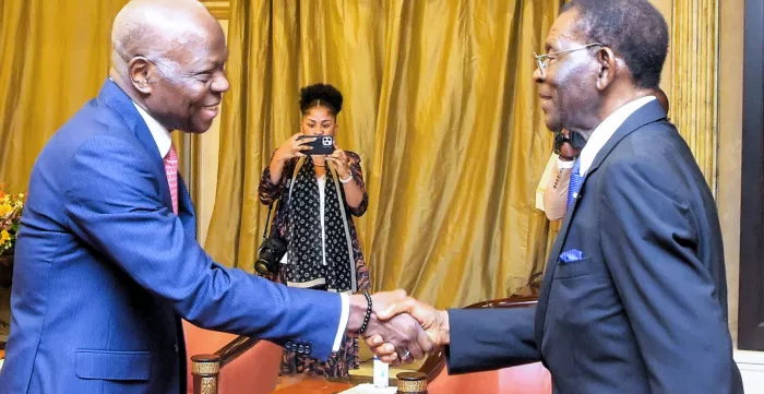 ILO Director-General Gilbert F. Houngbo shakes hands with the President of the Republic of Equatorial Guinea, Mr. Obiang Nguema