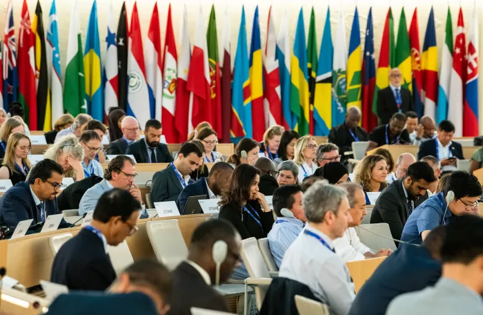 People sitting in a conference room with flags in the background.