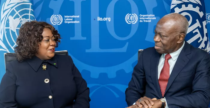 Ratification ceremony of Convention No. 190, 25 January 2025: Ms Eunice M.T. Luambia, Ambassador, Permanent Mission of Zambia to the United Nations in Geneva and Gilbert F. Houngbo, Director-General of the ILO.