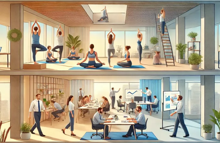 Drawing of people doing yoga in the workplace